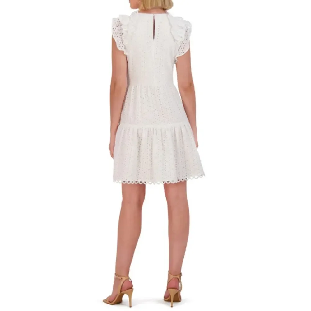 Vince Camuto White Eyelet Ruffle Keyhole Back Tiered Fit & Flare Mini Dress 14/L